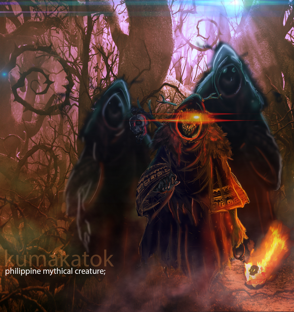 Three hooded demon like beings, dressed in hooded black cloaks, eyes glowing, stand in front of a thorny and dying tree.